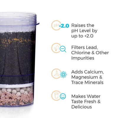 The Santevia Gravity Water System 5-stage Filter will raise the pH level by 2.0, filter lead and chlorine, and add calcium & magnesium.